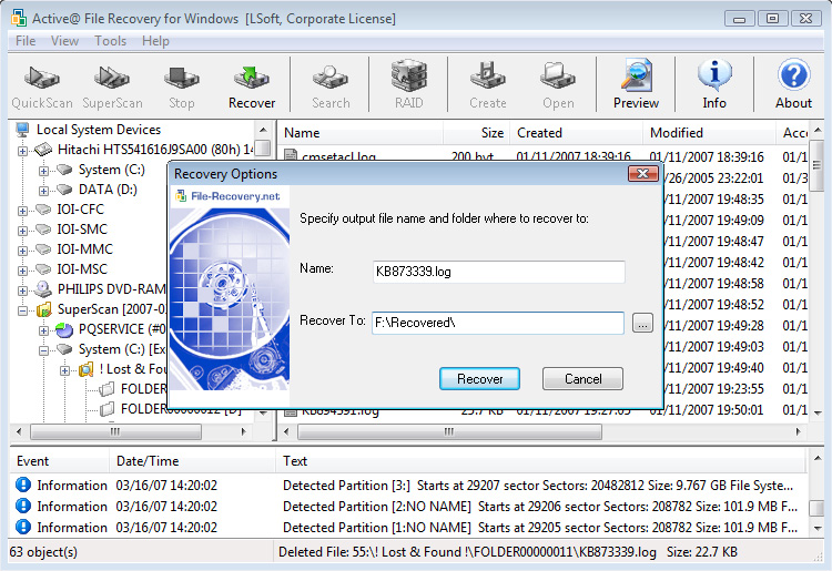 Recovering a File to a Specific Destination