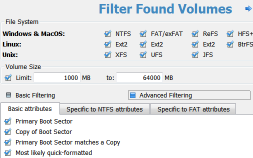 file recovery super scan filter