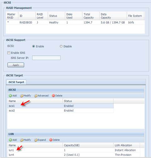 iSCSI Volumes displayed