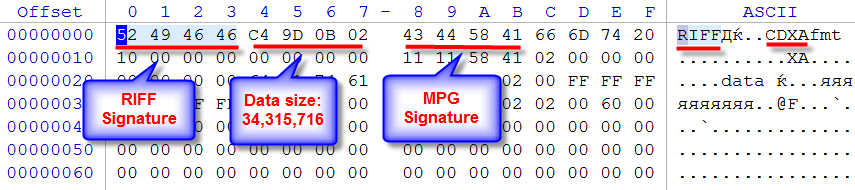 MPG data video file - signature inspection
